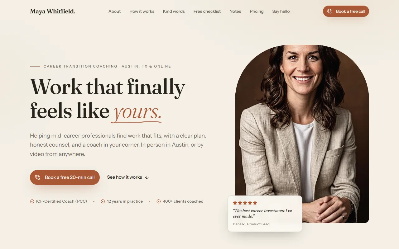 Warm, editorial website for a career transition coaching practice, shown on desktop and phone