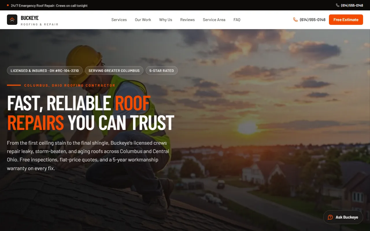 High-trust service website for a roofing company with photo proof gallery and tap-to-call actions